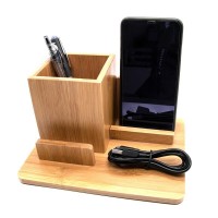 Wooden Wireless charger Fast Charging Qi Wireless Charger Power Bank with pen container